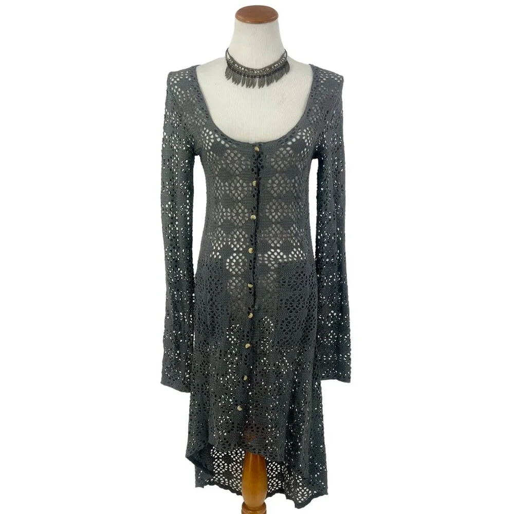 Vintage Free People Beach Gray Crochet Button Front Maxi Cardigan - Picture 2 of 16